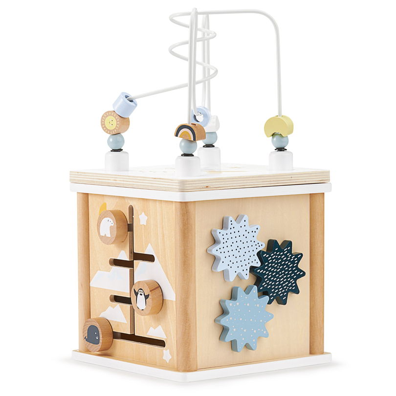 Lærerig terning i træ med sammenfletning - formsorterer