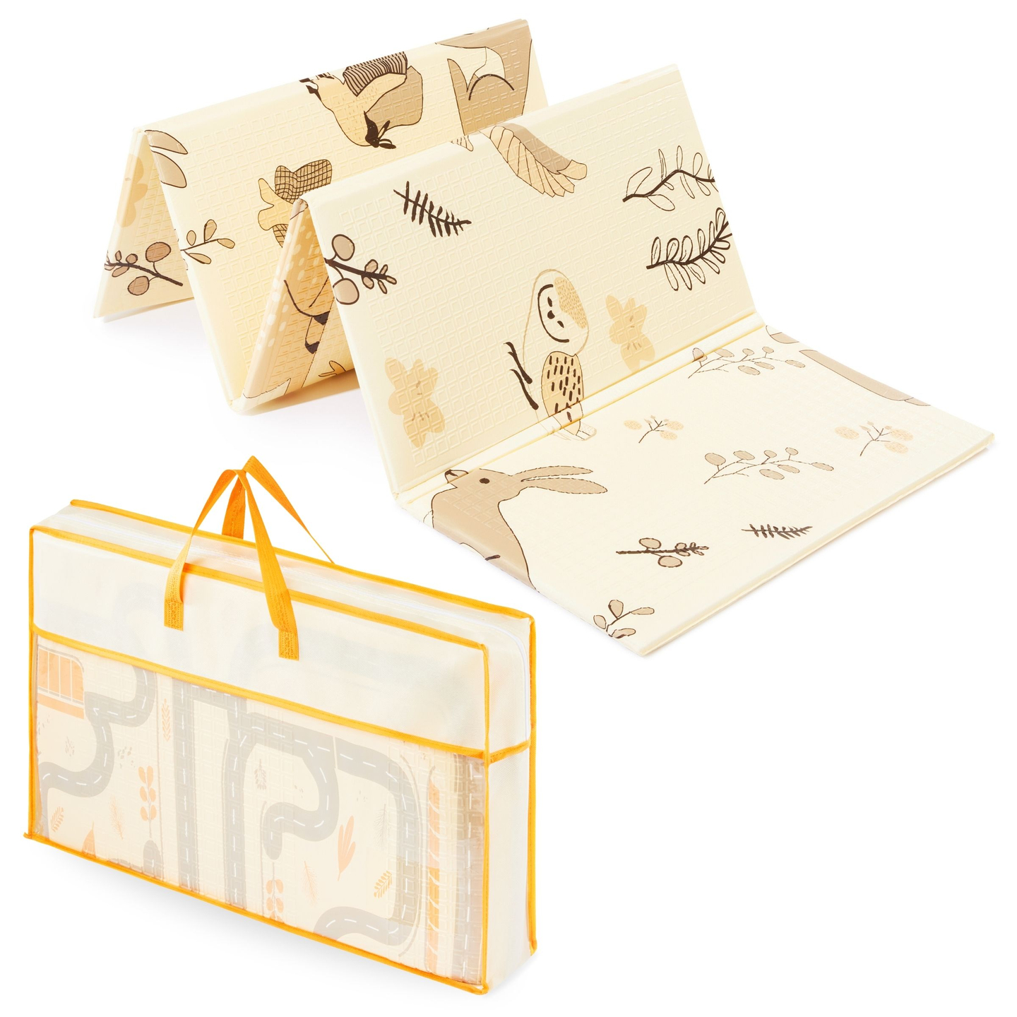 Dobbeltsidet foldbar skummåtte 180 x 120 x 1 cm - Magic Forest/Autumn Streets - boho