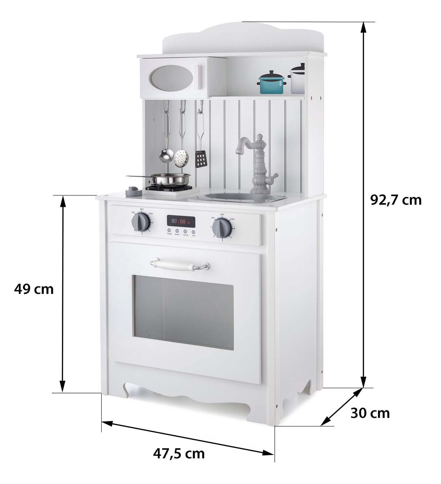 Hvidt trækøkken med forklæde, tilbehør og LED-lampe