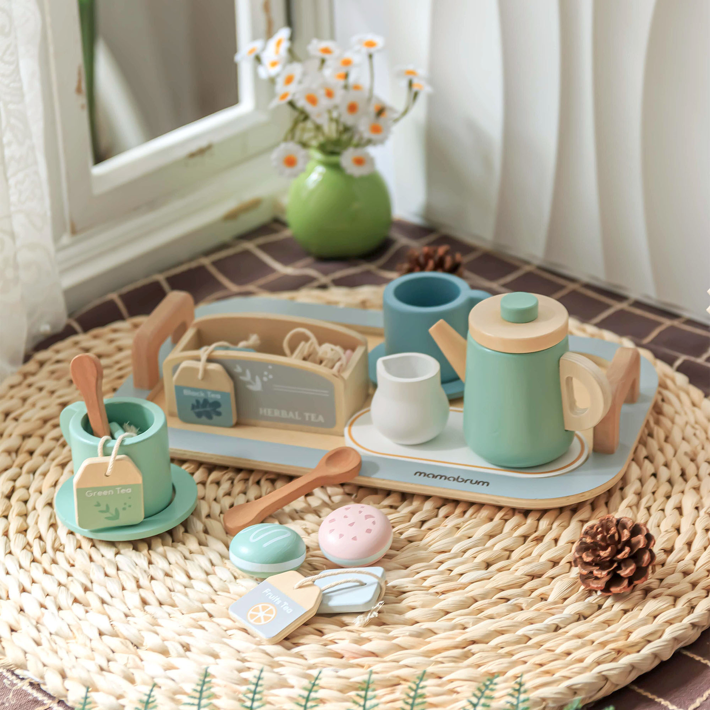 Stort tesæt i træ med bakke - 18 dele