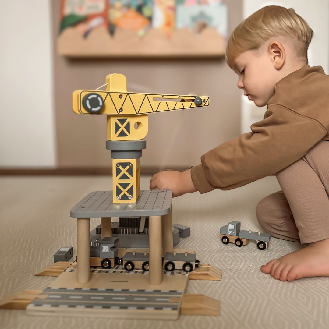 Mobil havnekran med magnetspil og tilbehør - sæt i træ