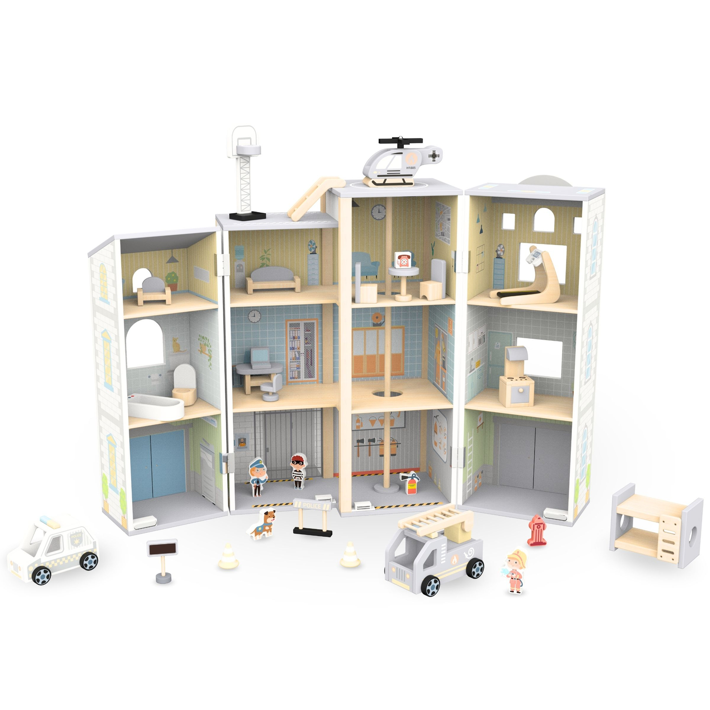 Stor sammenklappelig brandstation med politistation - sæt i træ. Brandstation og politistation med tilbehør.