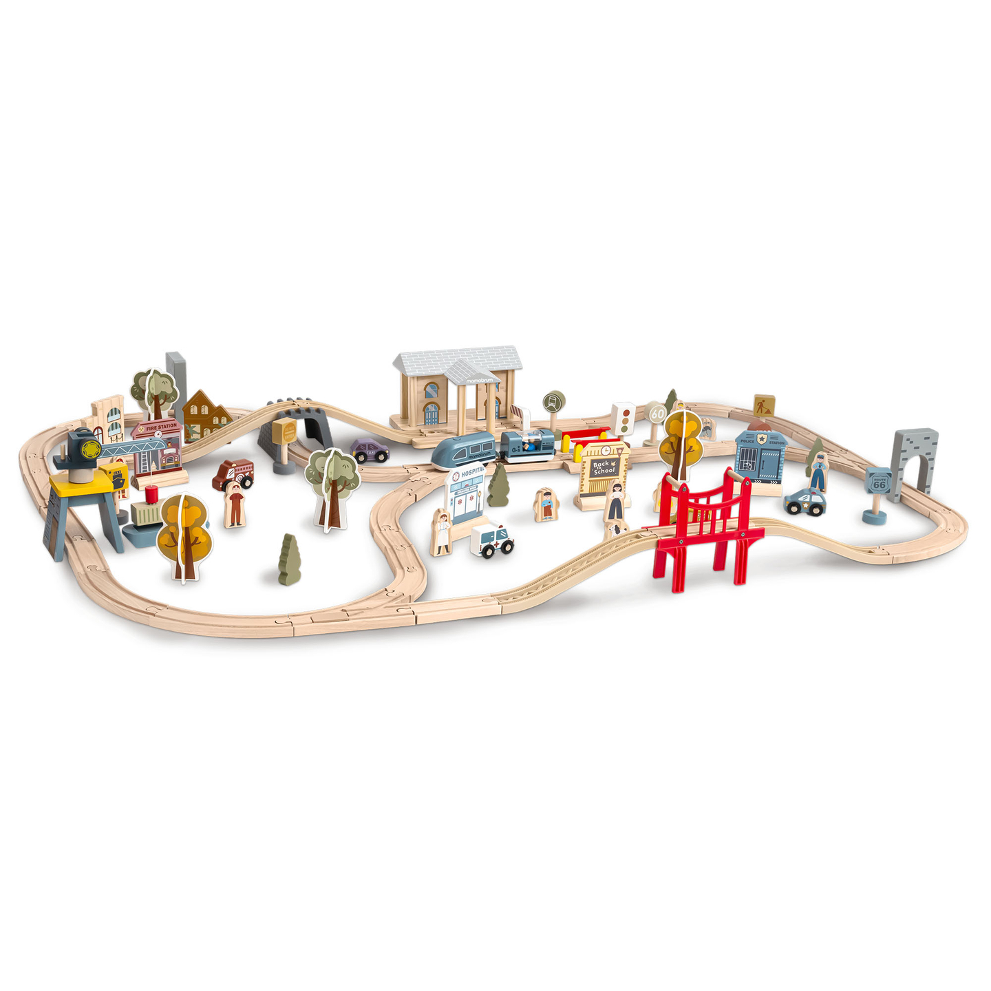 Træbane med elektrisk tog - flyttekran, skib, broer