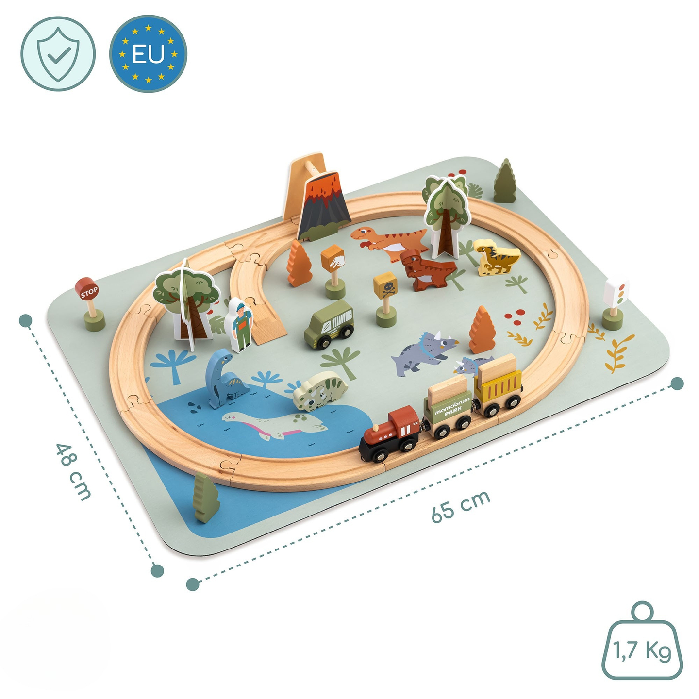 Dino Park trætog med skridsikker måtte - dinosaurer, tog, skinner, vulkan, klokke