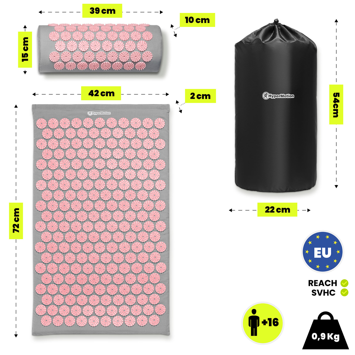 Akupressurmåtte med pude og betræk - 72 cm HyperMotion grå og pink