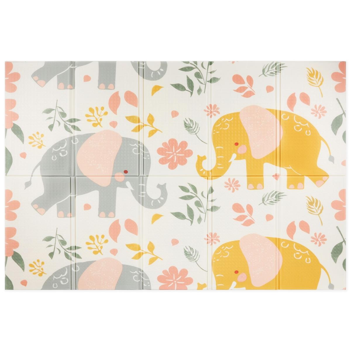 Dobbeltsidet foldbar skummåtte 180 x 120 x 1 cm - Exotic Elephants/Delicate Grey