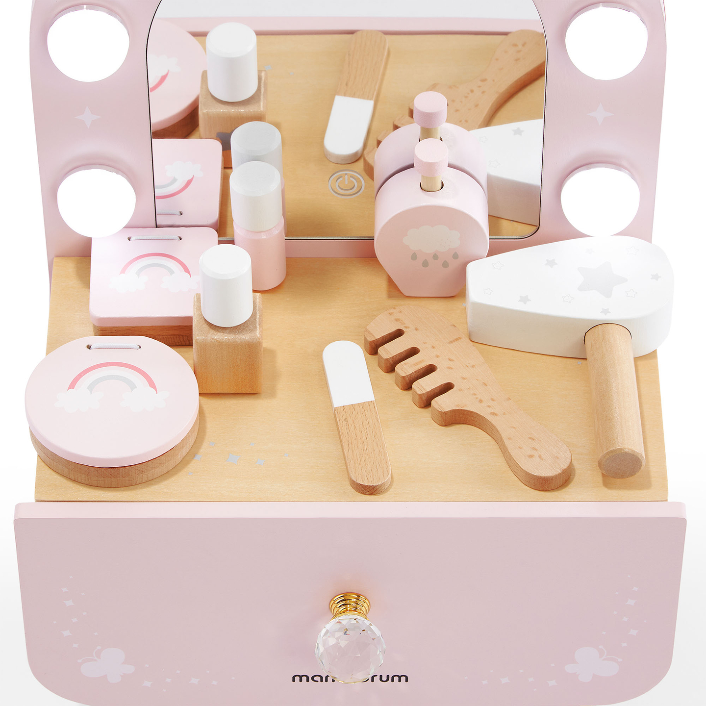 Mini-sminkebord i træ til børn med tilbehør og LED-belysning med trinløs lysstyrkejustering