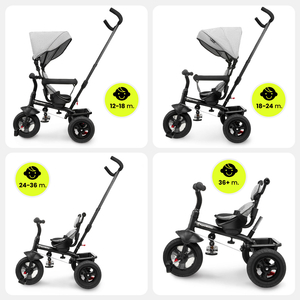 Trehjulet cykel til børn 1-4 år - TOBI FREY - grå farve - drejelig - pumpede hjul + skubber