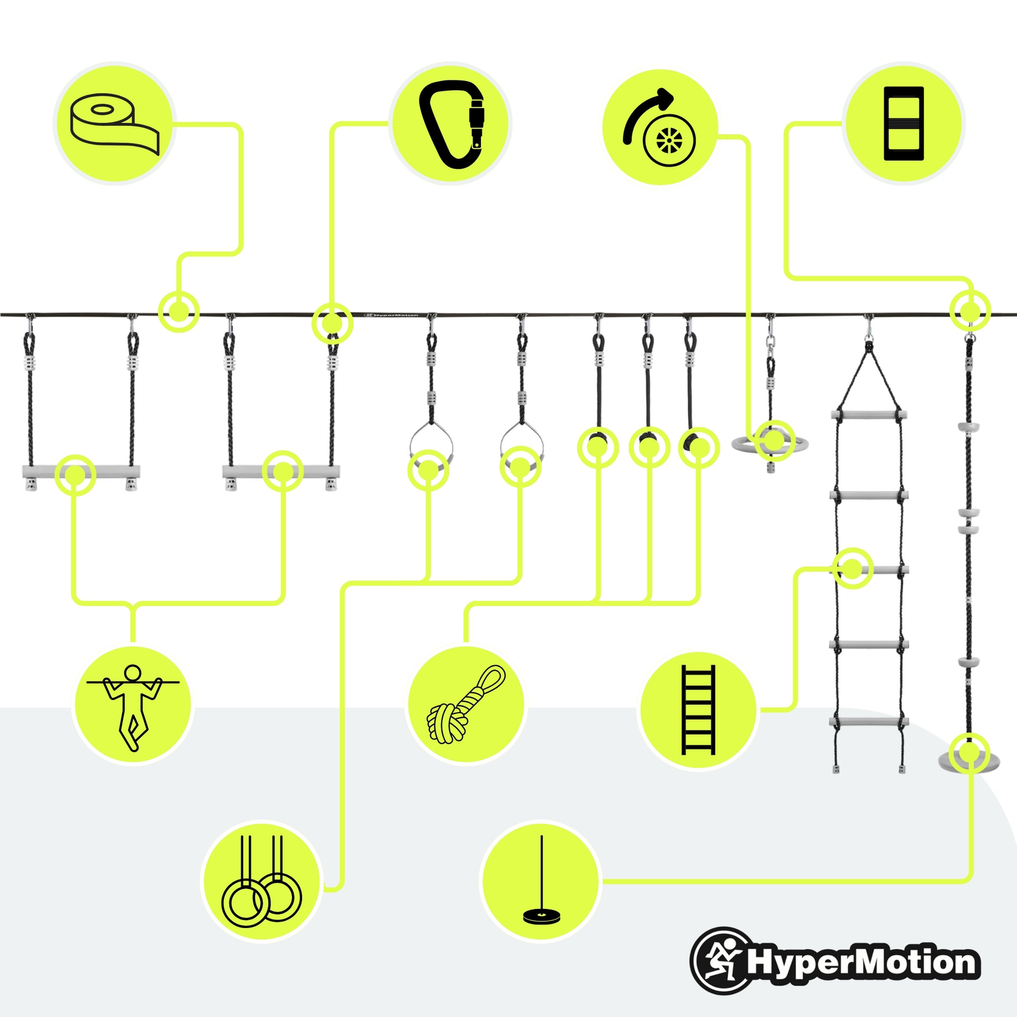 Ninja-forhindringsbane til børn - HyperMotion slackline-sæt - 10 forhindringer