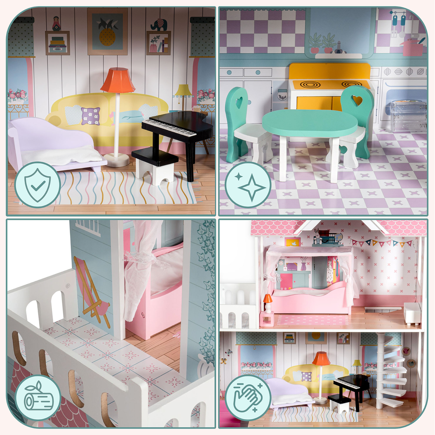 XXL Største dukkehus i træ - 123 cm - LED-belyst - terrasse, tilbehør, have