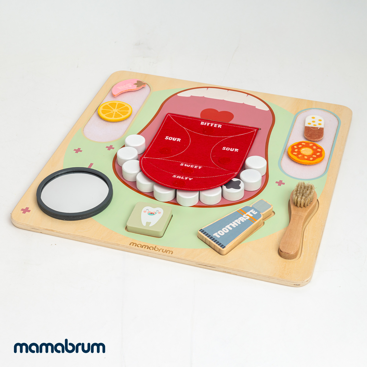 Træ Montessori pædagogisk tavle Lille tandlæge - tandbørste, tandpasta, aftagelige tænder, spejl, mad, læringssmag