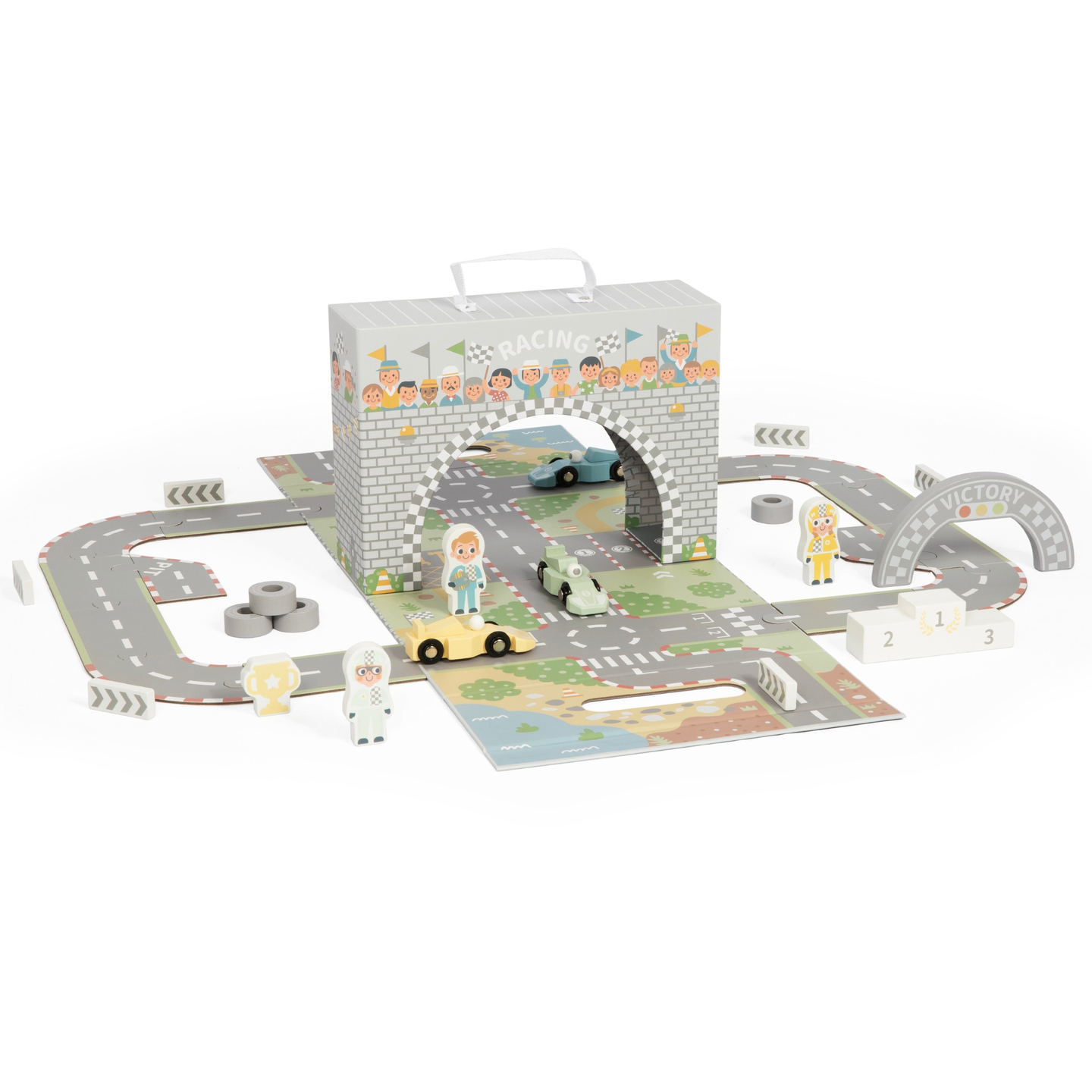 Magnetisk kuffert med racerbane, trækøretøjer og vejtilbehør