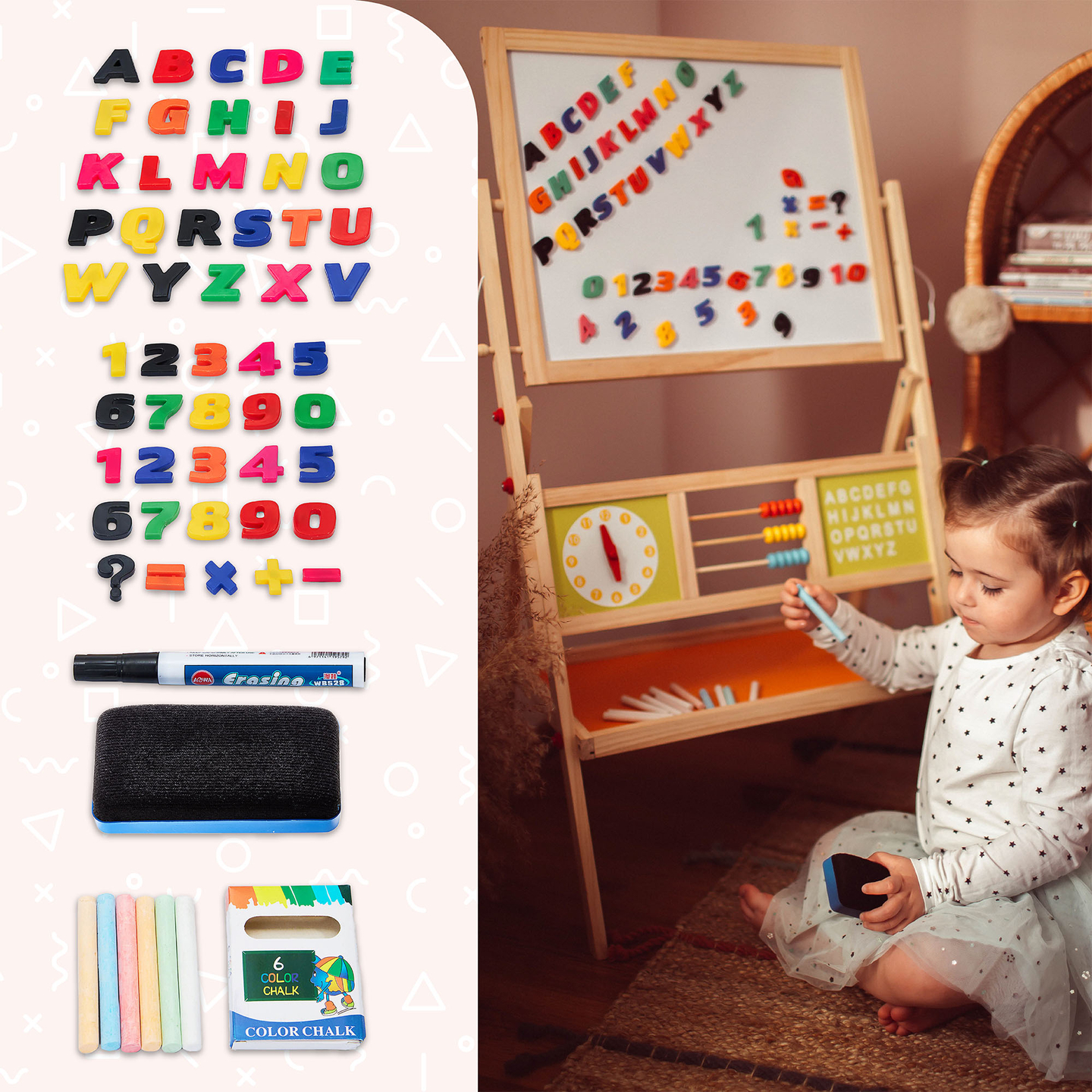 Stor pædagogisk dobbeltsidet tavle: magnetisk og kridttavle - tavle til tør udviskning, træ