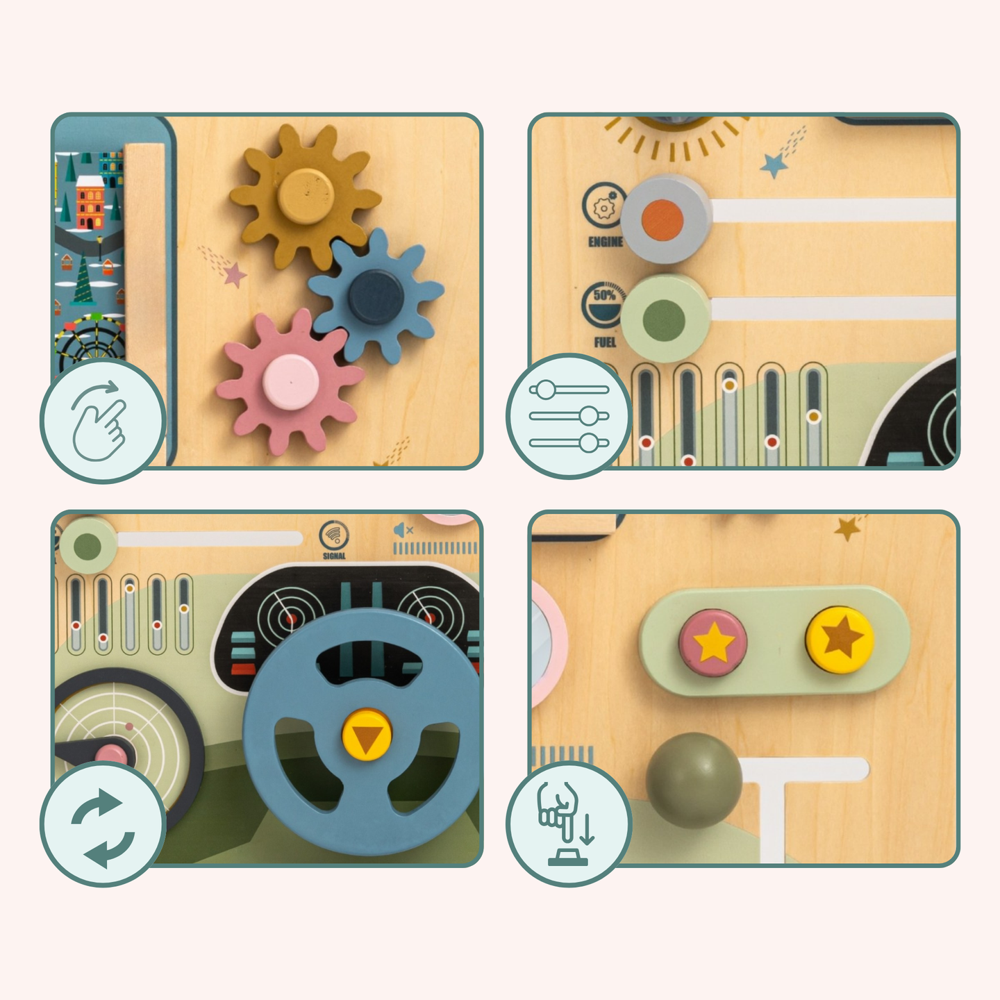 Træ Montessori-bræt 2 i 1 cockpit til den lille chauffør og pilot – rat, gearstang, rejsekort, radar