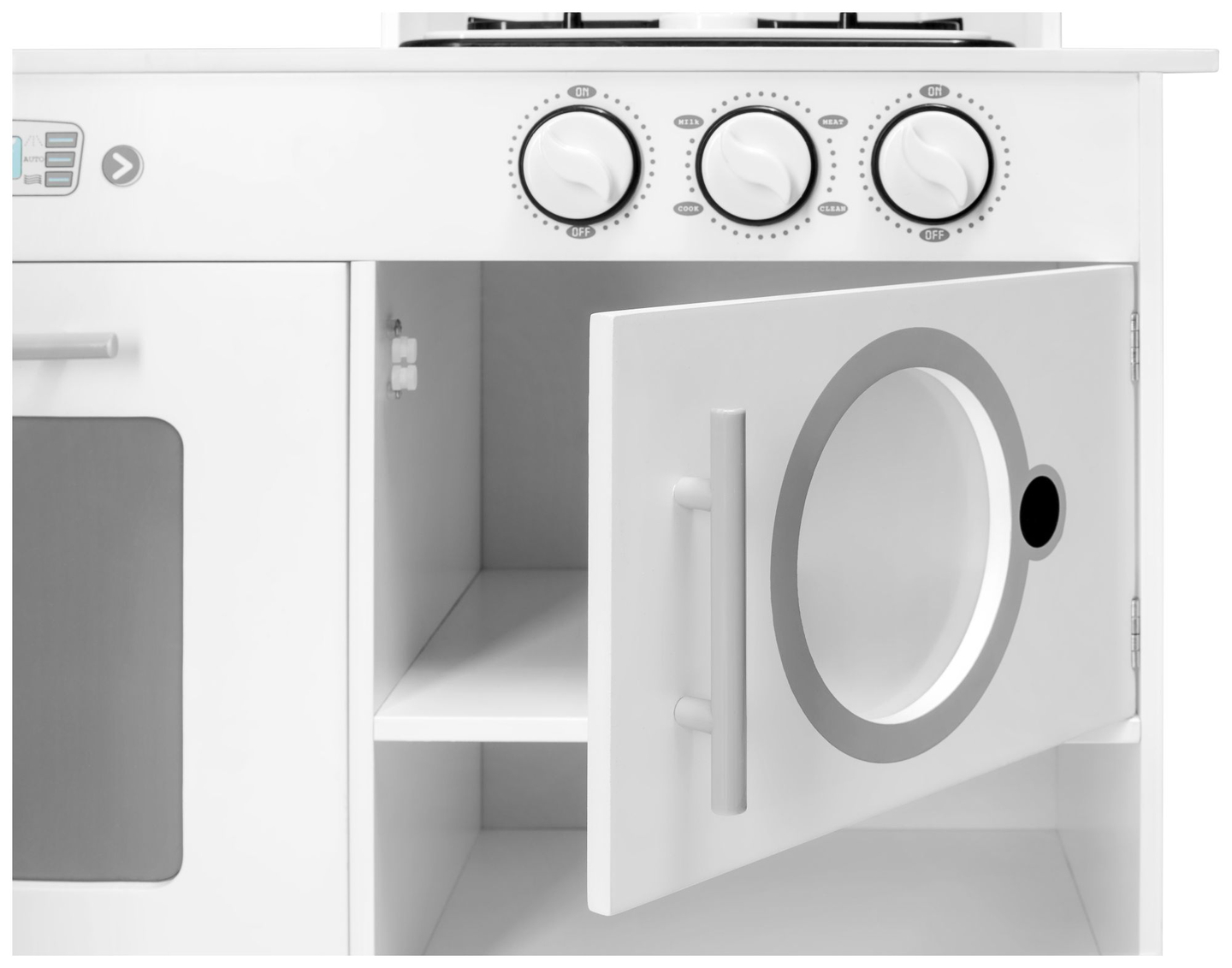 Hjørnekøkken i træ XXXL med køleskab, ovn, vaskemaskine, forklæde og tilbehør