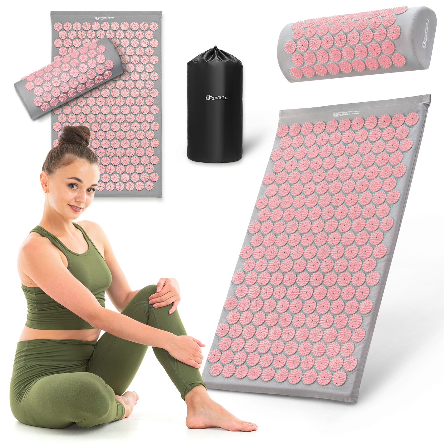 Akupressurmåtte med pude og betræk - 72 cm HyperMotion grå og pink