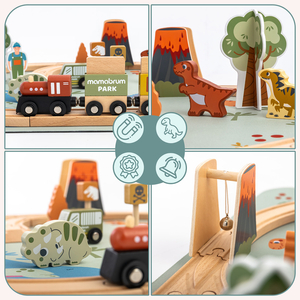 Dino Park trætog med skridsikker måtte - dinosaurer, tog, skinner, vulkan, klokke