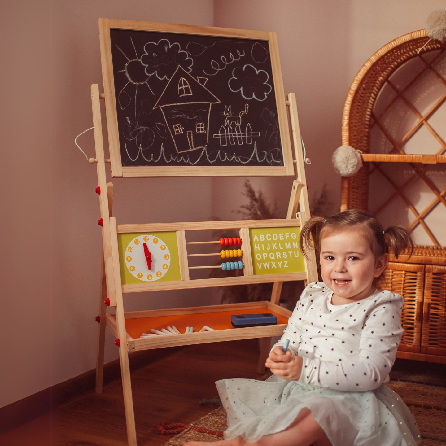 Stor pædagogisk dobbeltsidet tavle: magnetisk og kridttavle - tavle til tør udviskning, træ