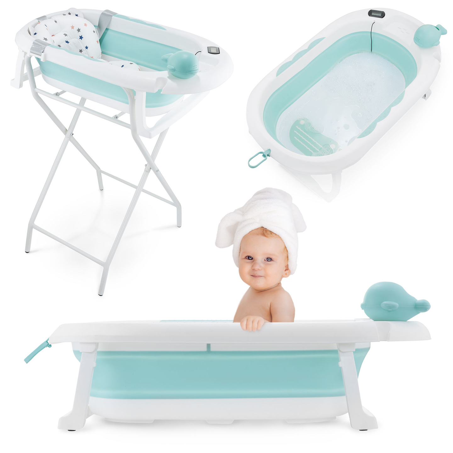 Sammenklappeligt babybadekar med termometer, indsats og stativ - mintfarve