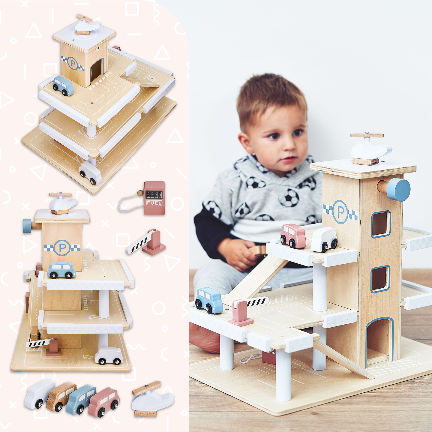 Træparkering i tre etager med elevator - garage med biler og helikopter