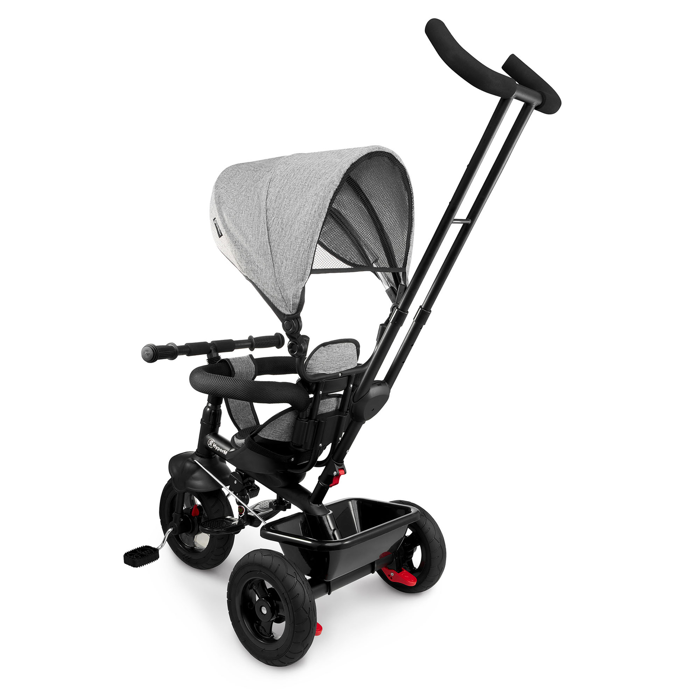 Trehjulet cykel til børn 1-4 år - TOBI FREY - grå farve - drejelig - pumpede hjul + skubber