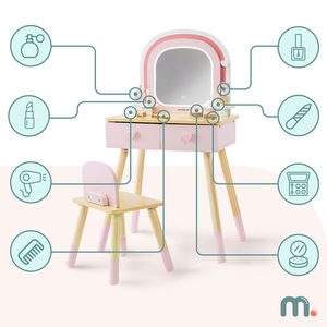 Træsminkebord til børn med LED-belysning med trinløs lysstyrkejustering, stol og tilbehør