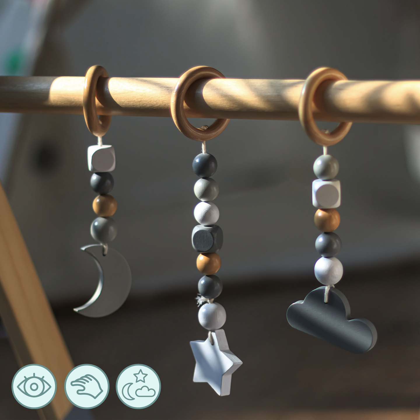 Baby Gym uddannelsesstativ i træ - farve grå