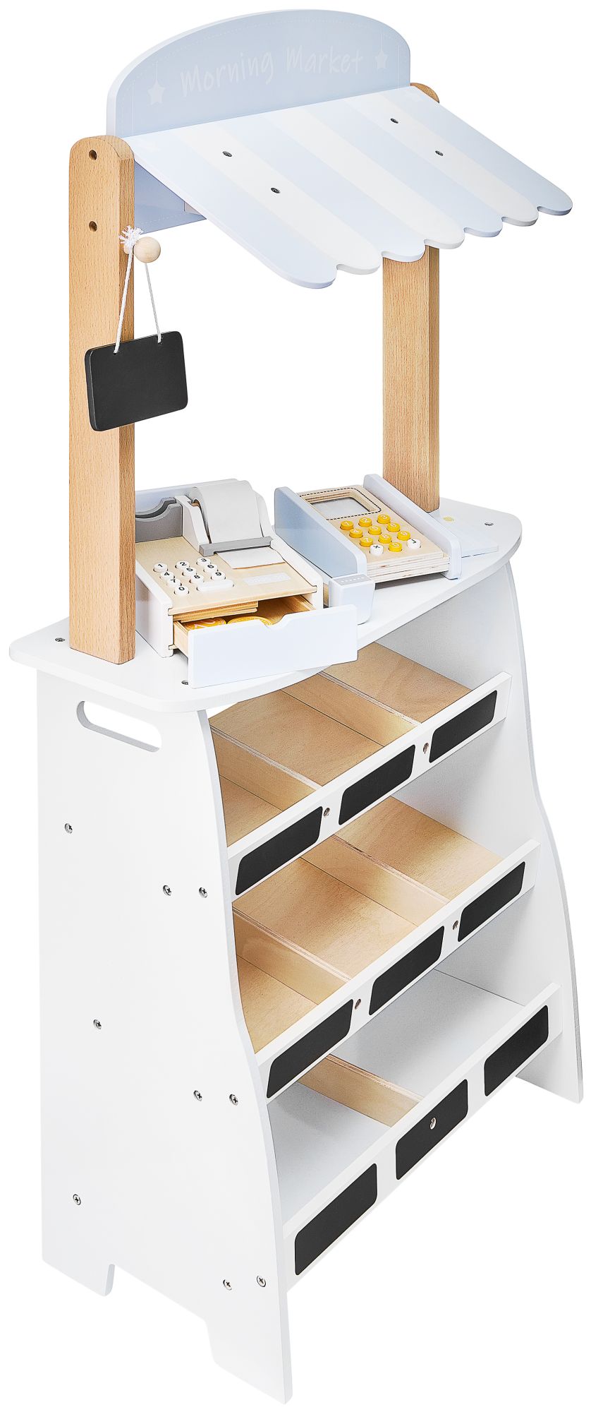 Grøntsagsbutik - træbod med kasser, kasseapparat og terminal