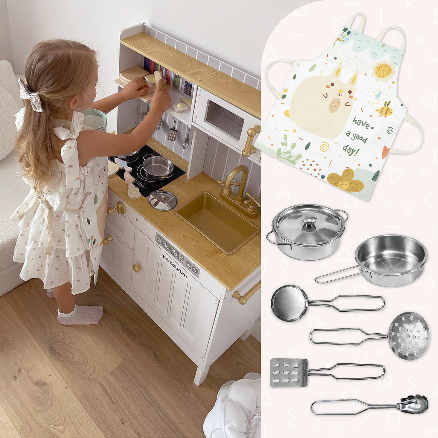 Hvidt køkken i træ med tilbehør og forklæde