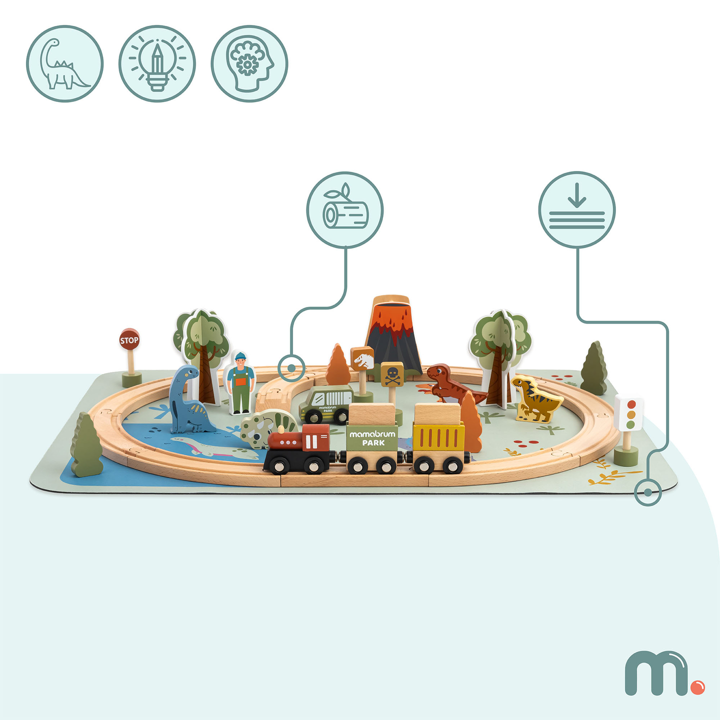 Dino Park trætog med skridsikker måtte - dinosaurer, tog, skinner, vulkan, klokke