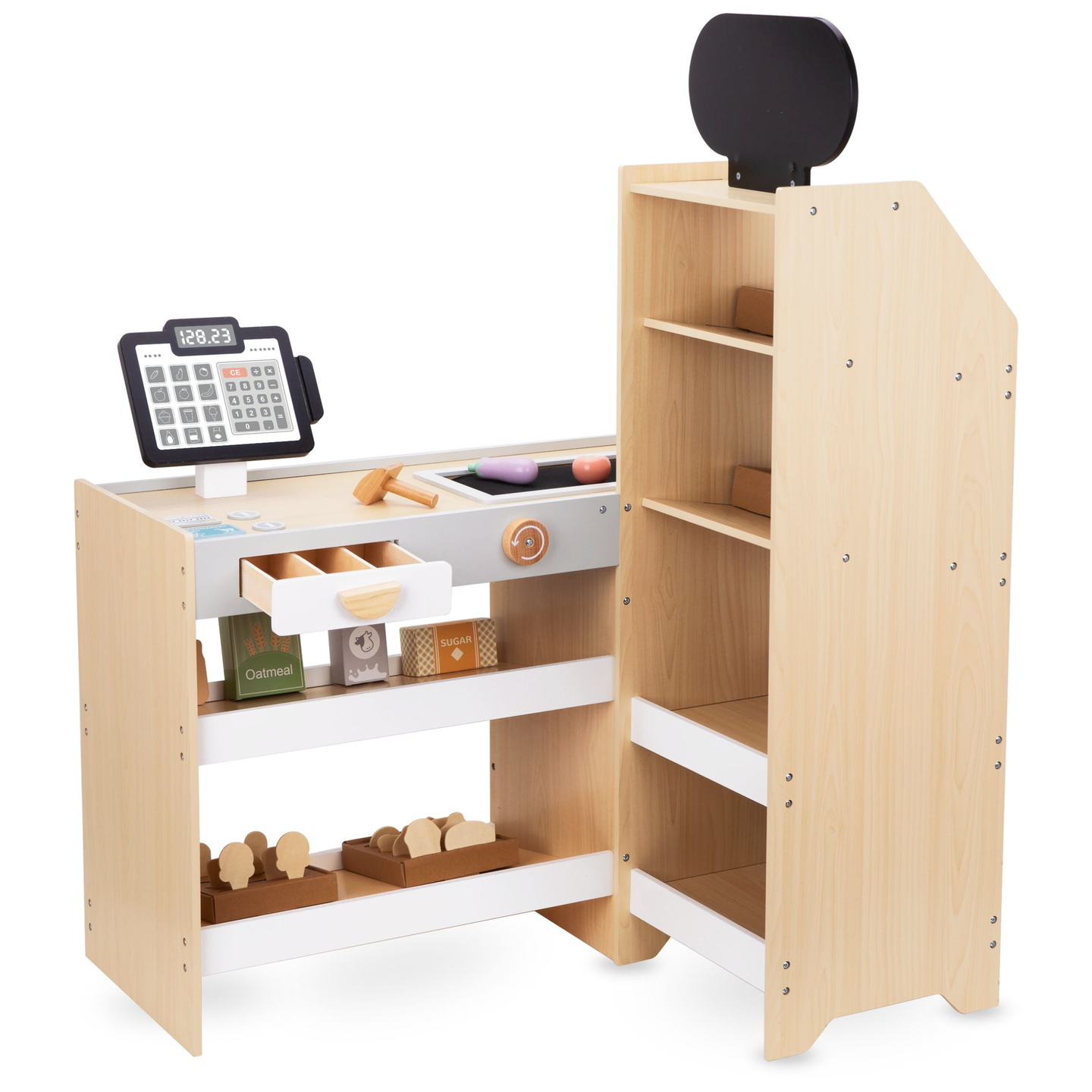 Grøntsagsmarked i træ - stor XXL-bod, butik med legekasseapparat