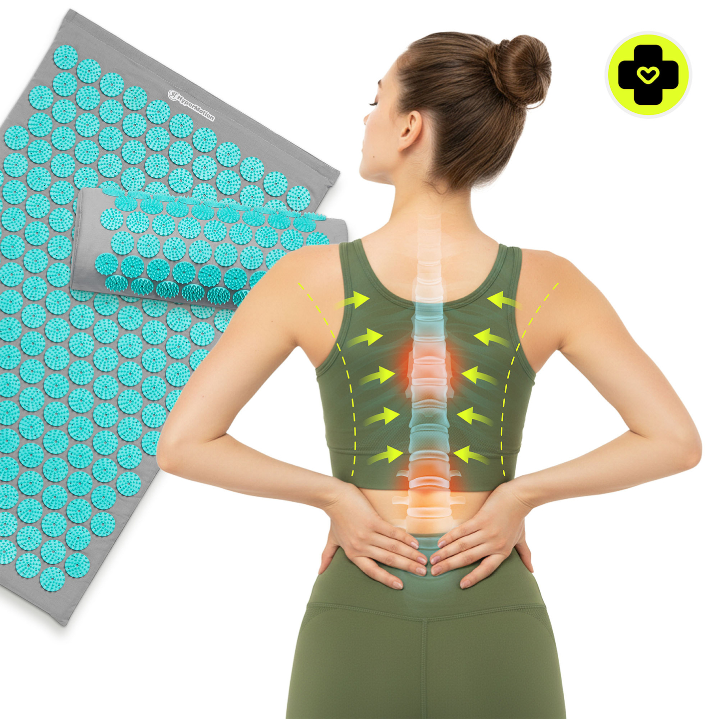 Akupressurmåtte med pude og betræk - 72 cm HyperMotion grå-mint