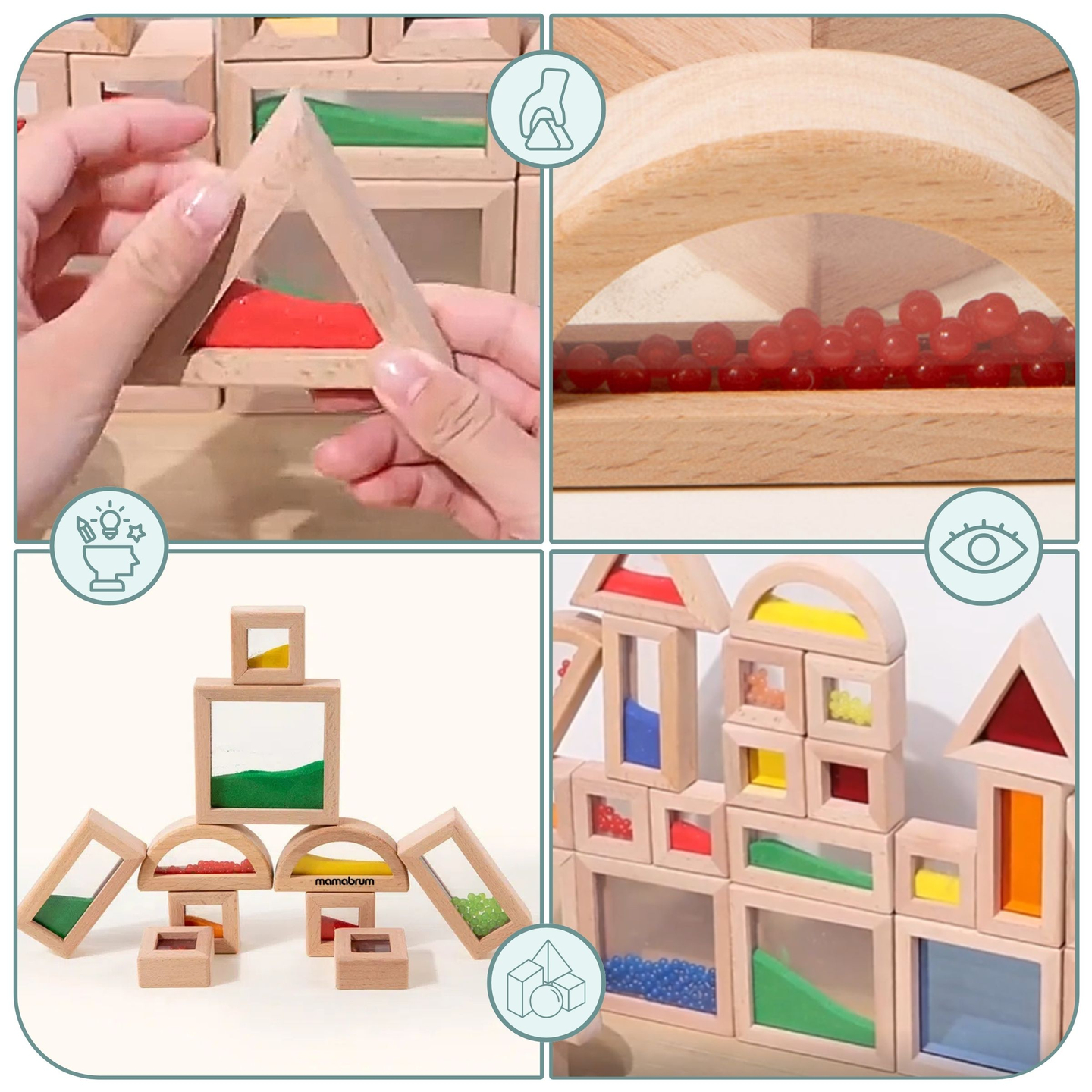 Sæt med sanseklodser af træ med forskelligt fyld - 15 stk