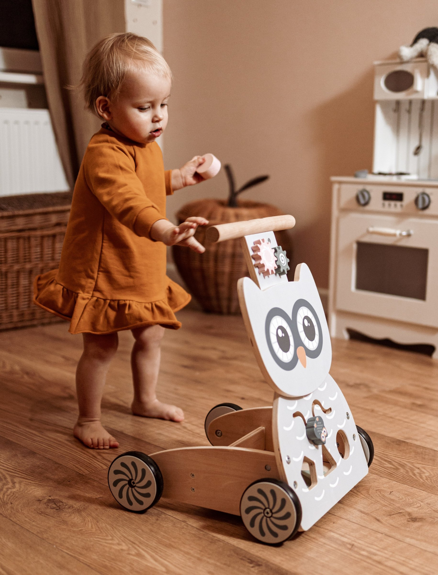 Multifunktionel rollator - pusher - klapvogn med klodser i træ - Ugle