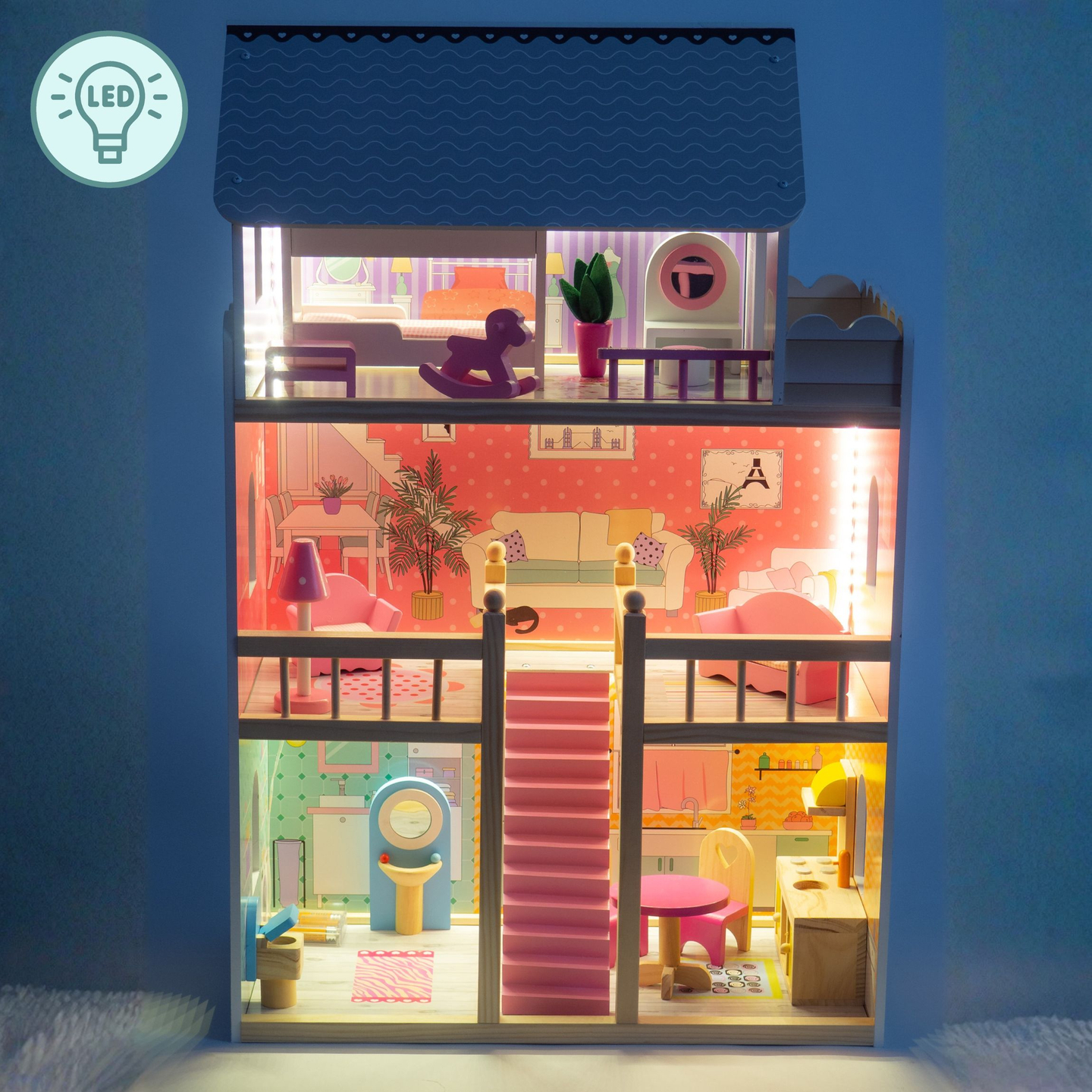 Stort dukkehus i træ med 3 etager, terrasse, møbelsæt og LED-belysning!