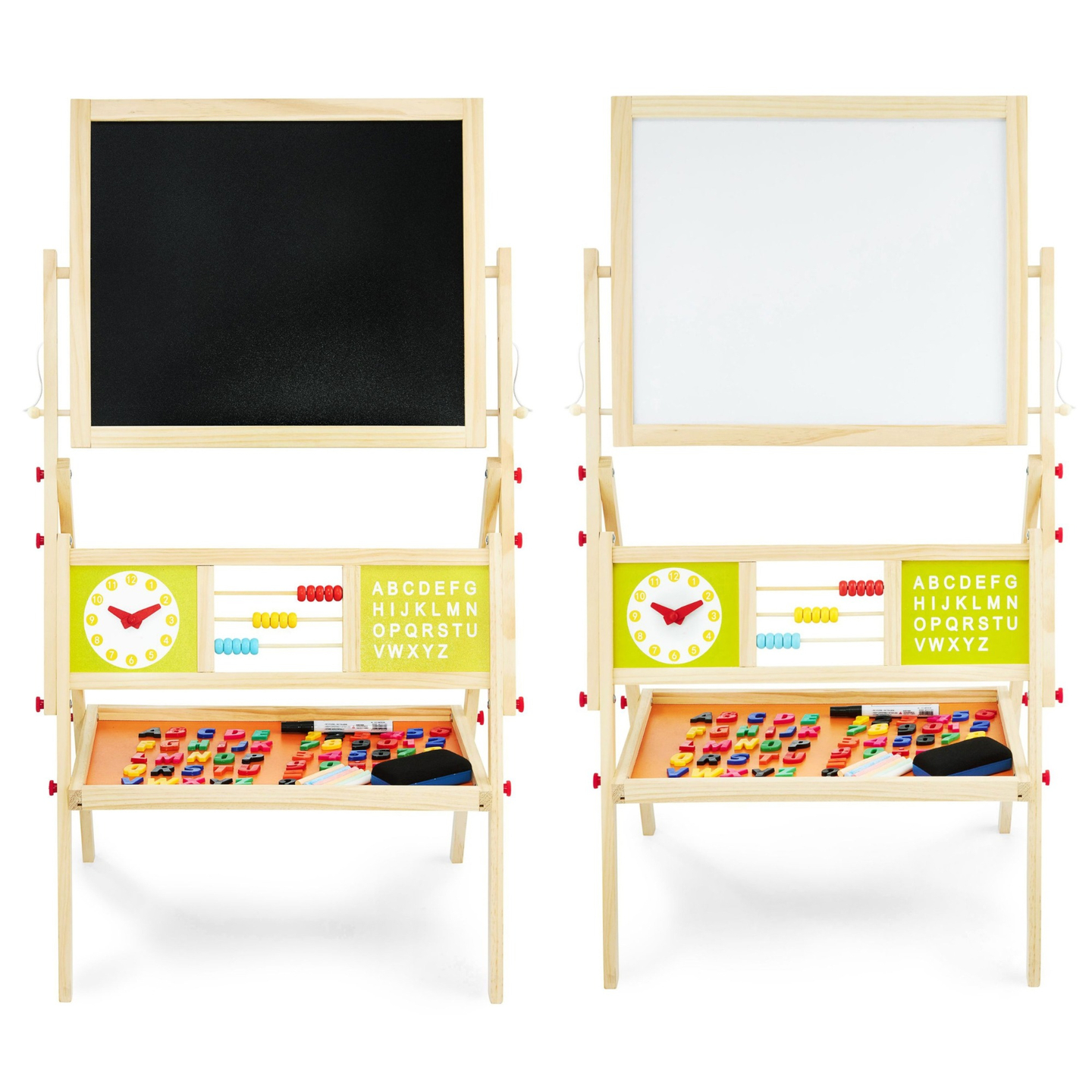 Stor pædagogisk dobbeltsidet tavle: magnetisk og kridttavle - tavle til tør udviskning, træ