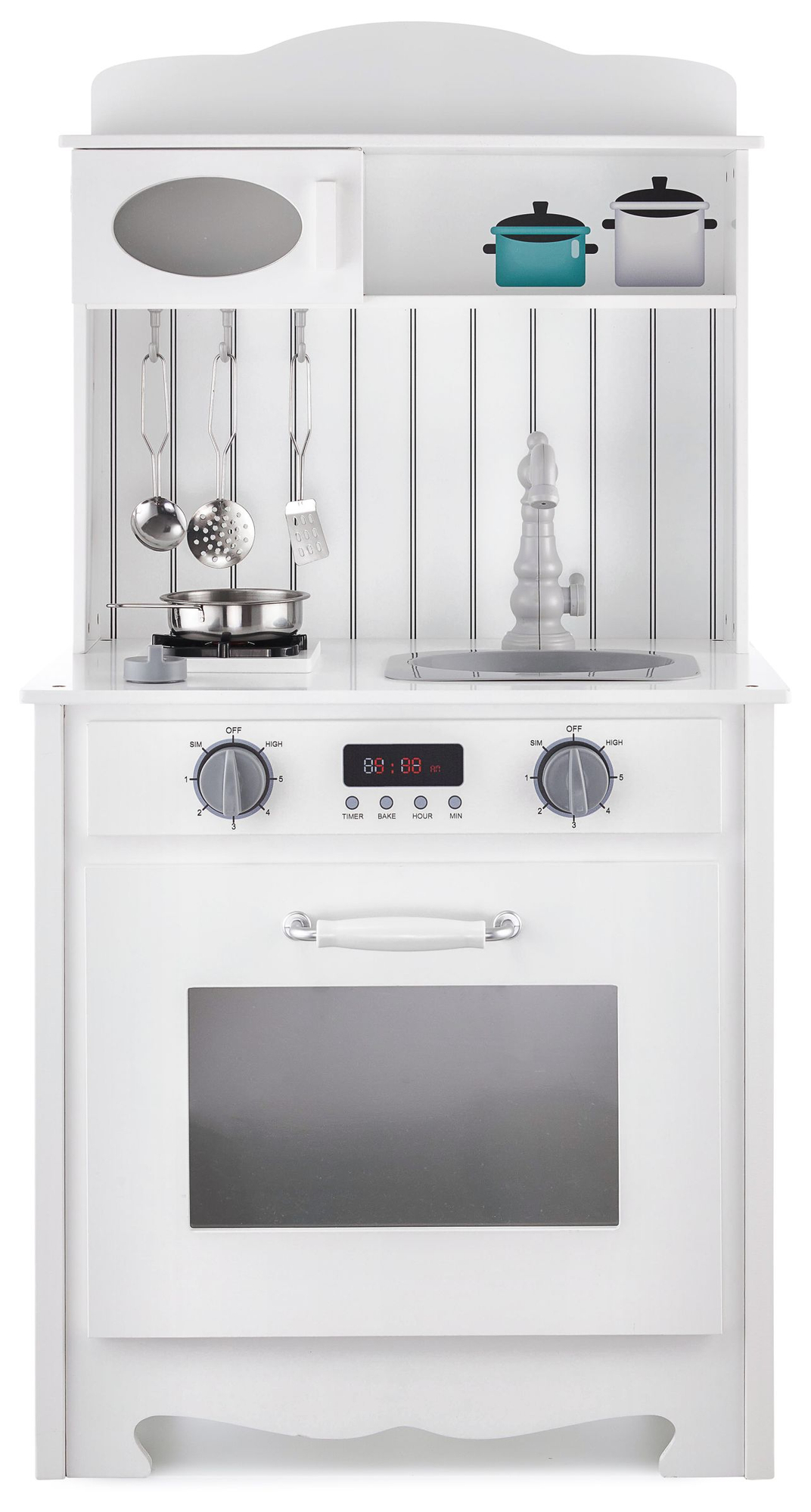 Hvidt trækøkken med forklæde, tilbehør og LED-lampe