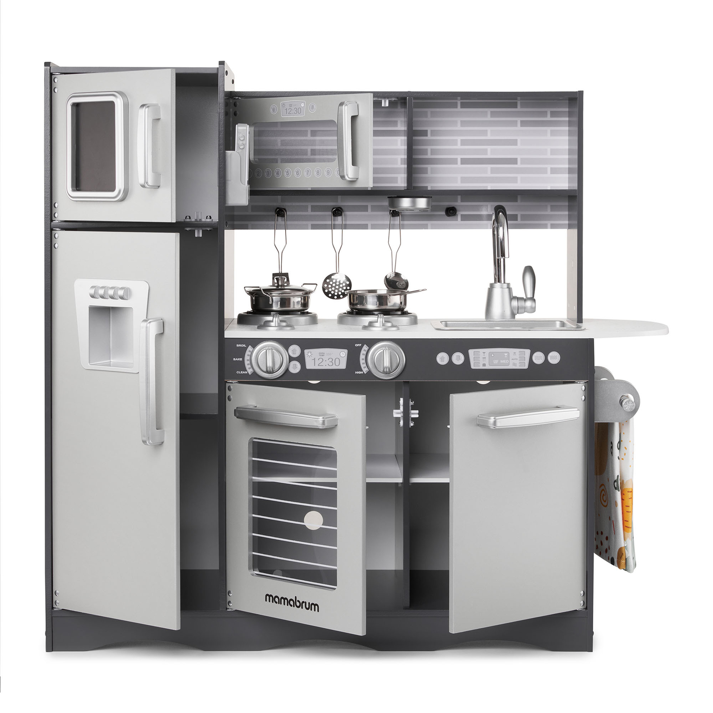 XXL-trækøkken med LED-belysning, forklæde og tilbehør