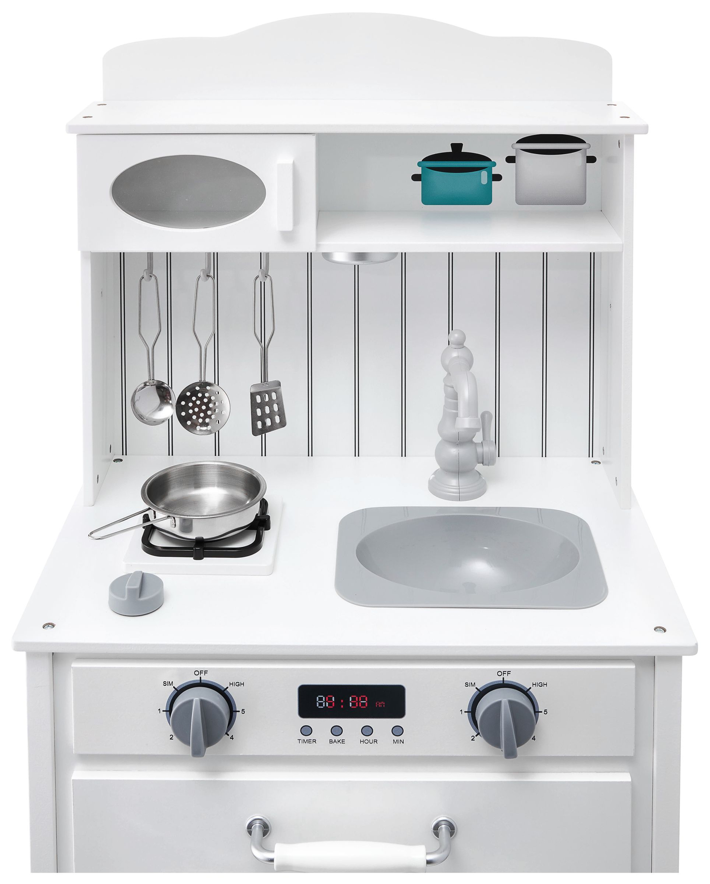 Hvidt trækøkken med forklæde, tilbehør og LED-lampe