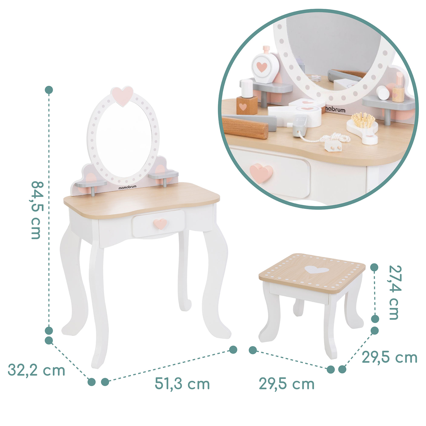 Toiletbord i træ med skammel og tilbehør