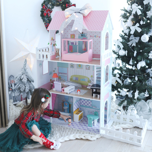 XXL Største dukkehus i træ - 123 cm - LED-belyst - terrasse, tilbehør, have