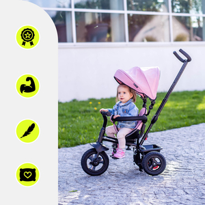 Trehjulet cykel til børn 1-4 år - TOBI FREY - lyserød farve - drejelig - pumpede hjul + skubber