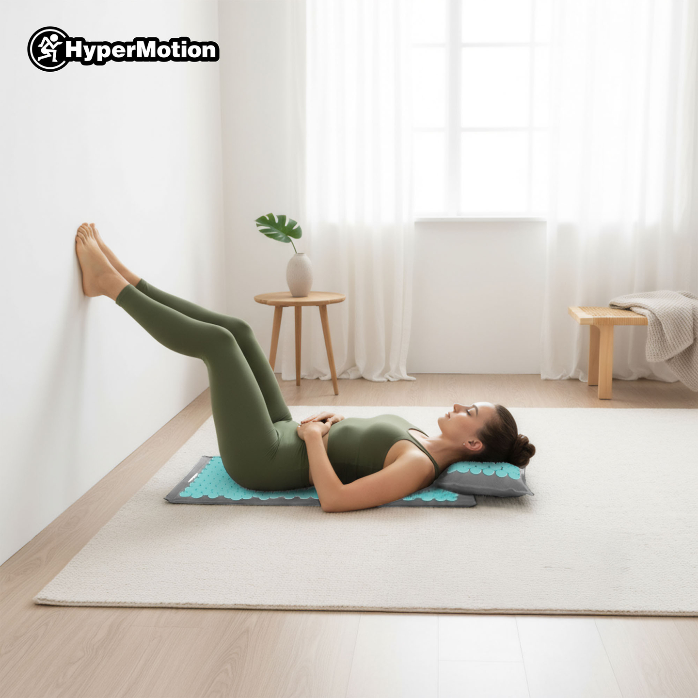 ECO akupressurmåtte i linned med kokosfibre og boghvedepude – 68 cm HyperMotion grå-mint
