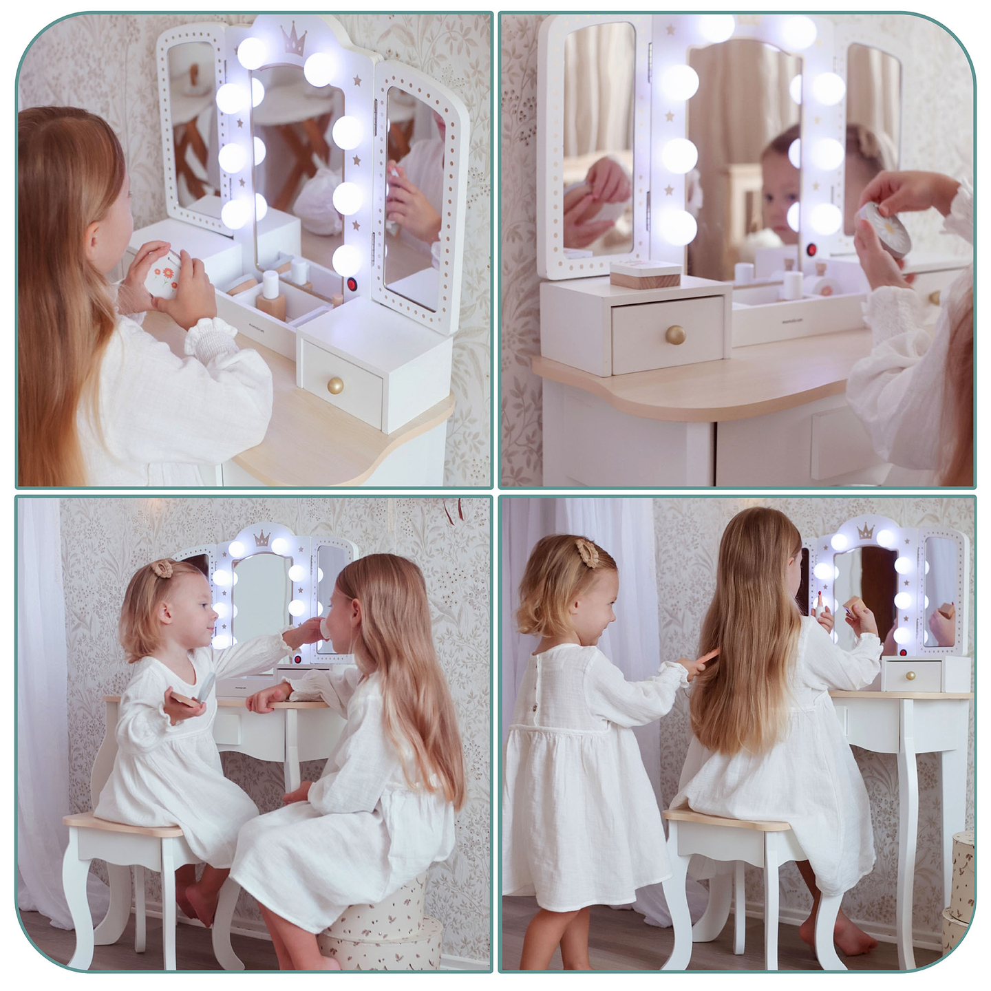 XXL toiletbord i træ med skammel og LED-belysning til børn + tilbehør