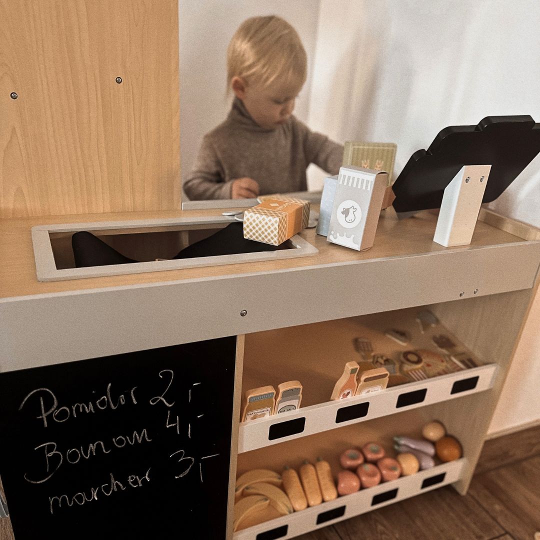 Grøntsagsmarked i træ - stor XXL-bod, butik med legekasseapparat