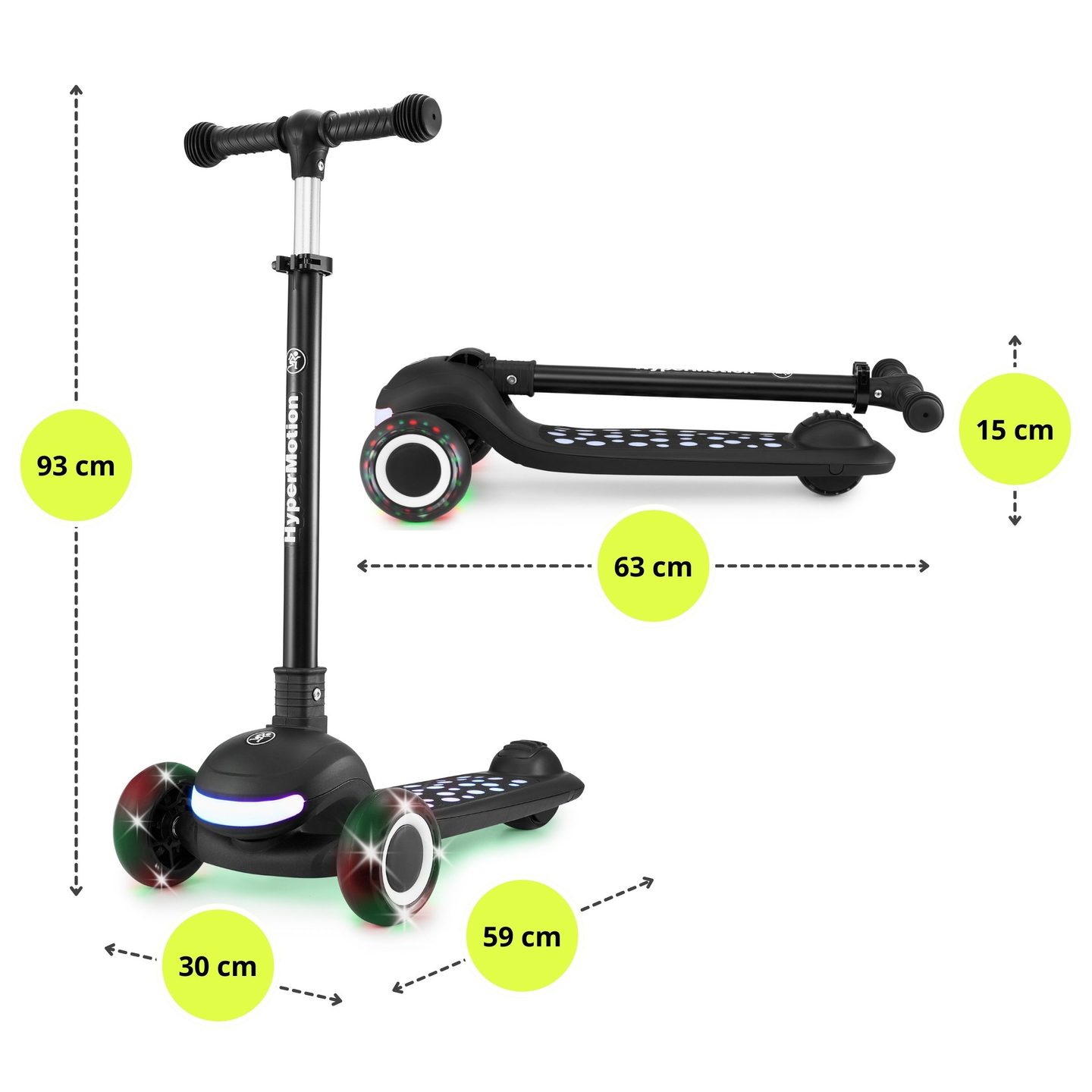 HyperMotion LUMI 3-i-1 balancescooter - oplyst platform og LED-hjul, sort farve