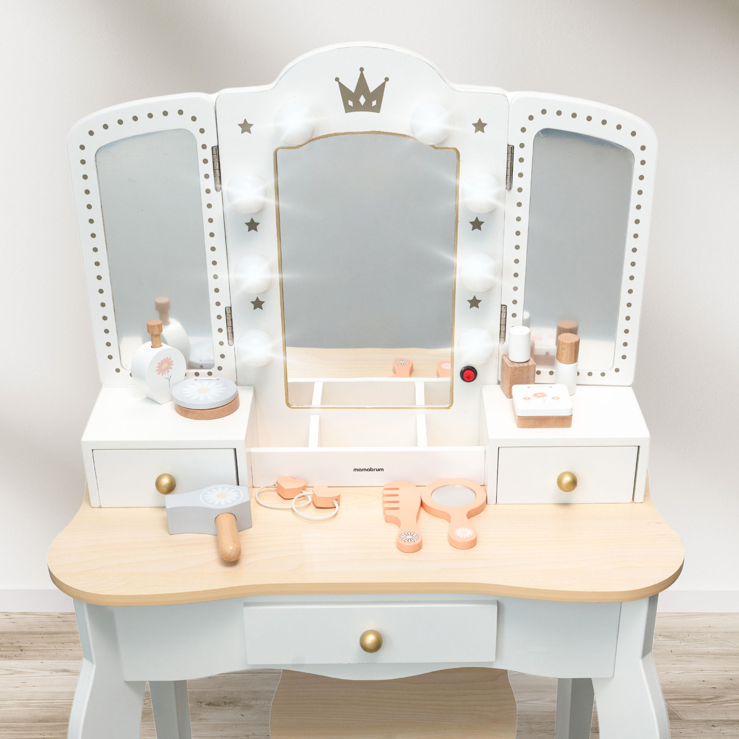 XXL toiletbord i træ med skammel og LED-belysning til børn + tilbehør