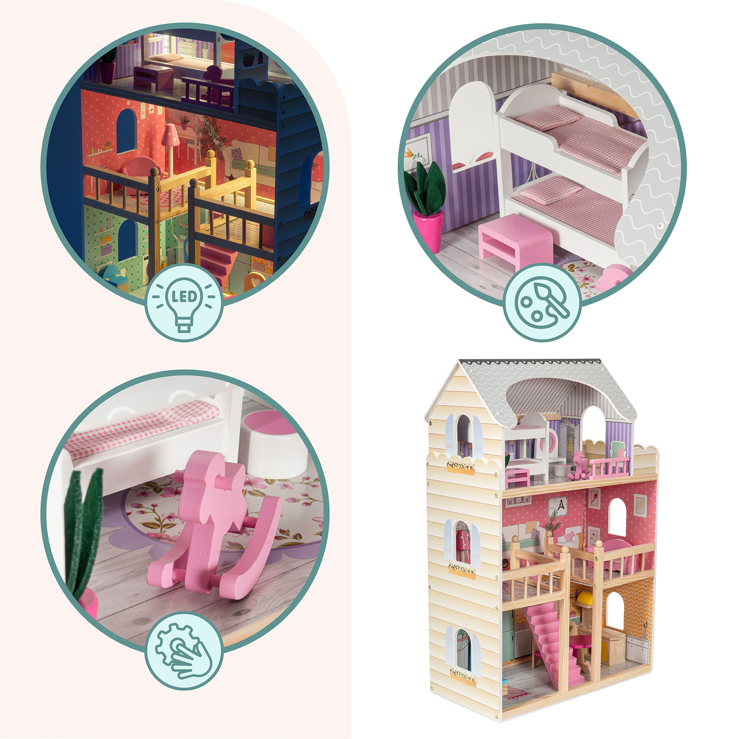 Stort dukkehus i træ med 3 etager, terrasse, møbelsæt og LED-belysning!