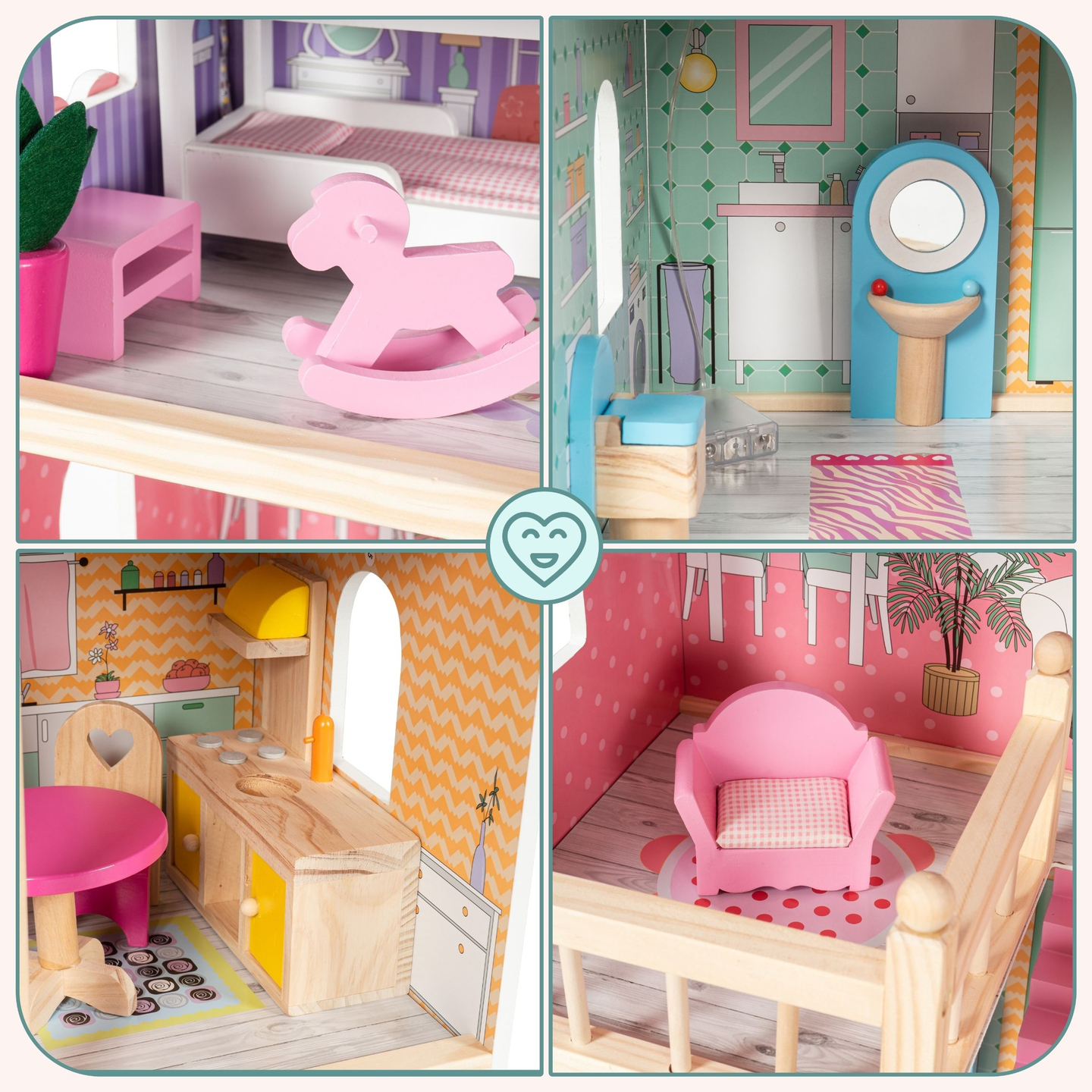 Stort dukkehus i træ med 3 etager, terrasse, møbelsæt og LED-belysning!