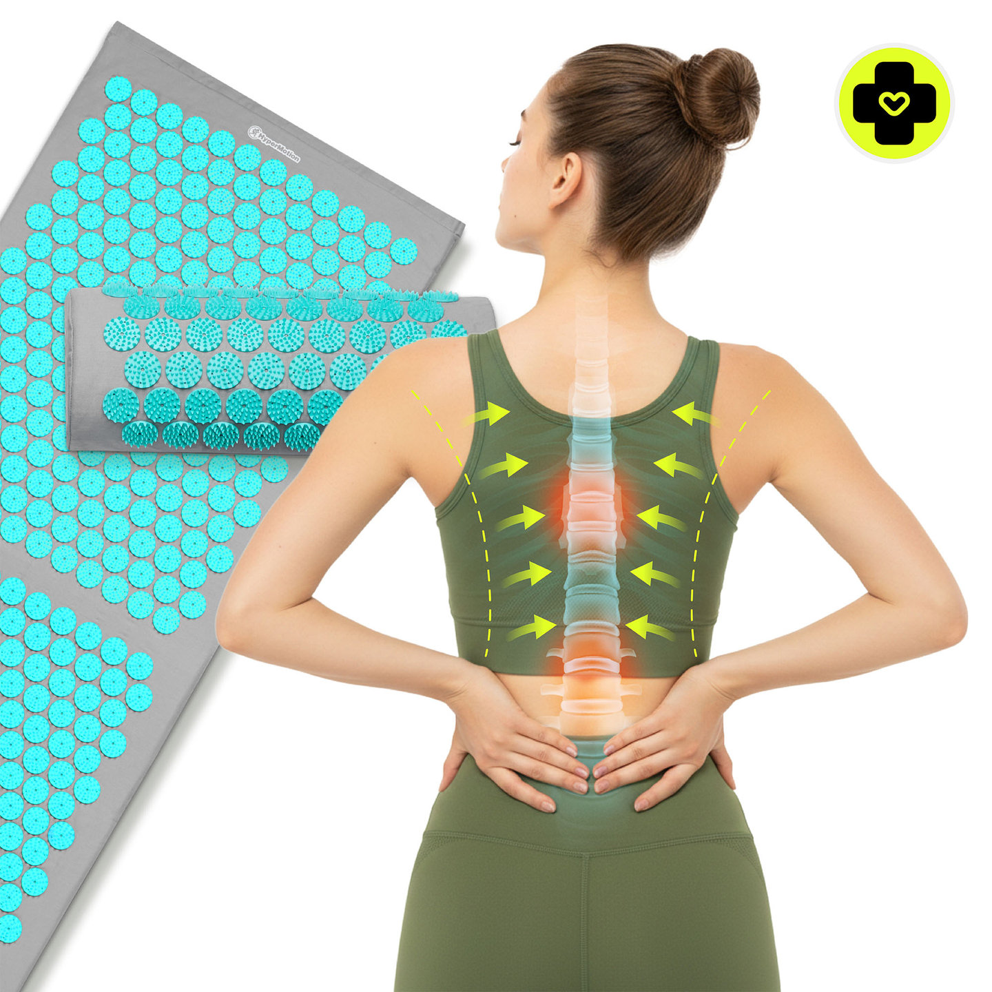 Stor akupressurmåtte med pude og betræk - 130 cm HyperMotion grå-mint